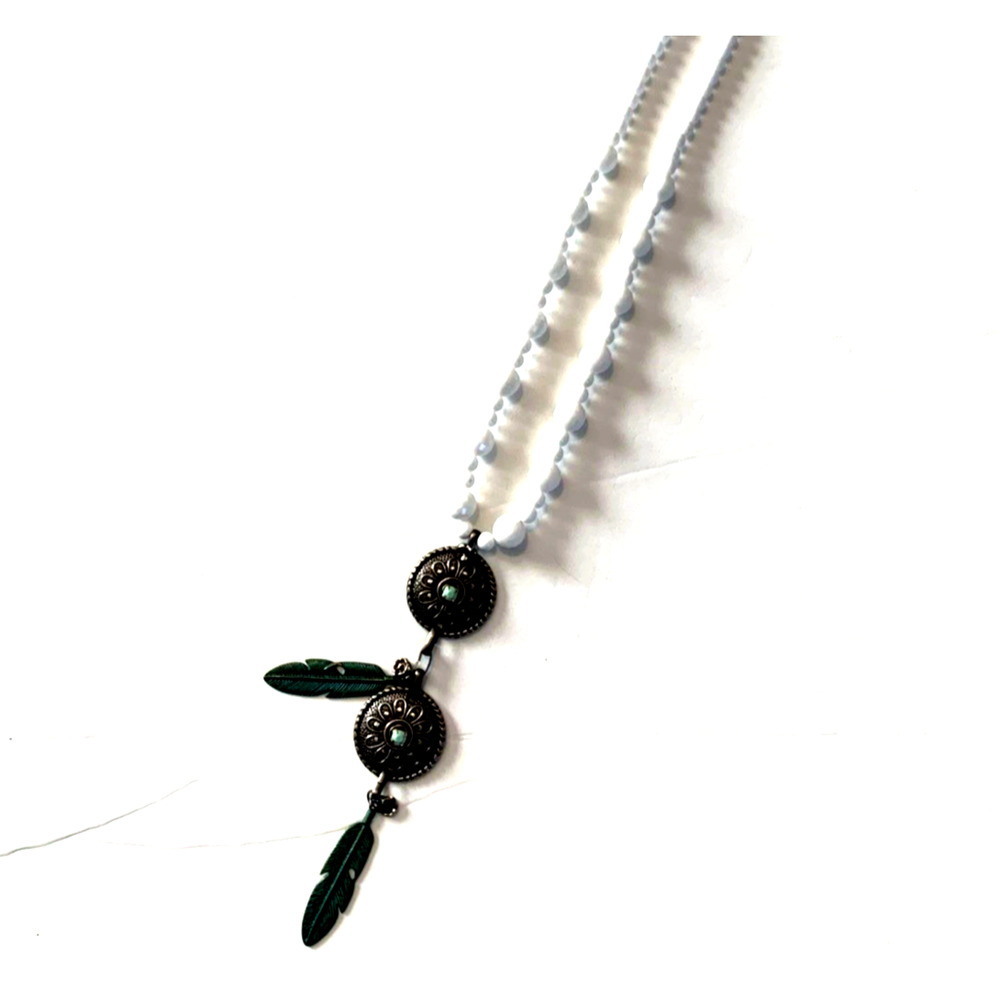 Vintage Southwestern Necklace Patina Feather Concho Talisman White Acrylic Boho